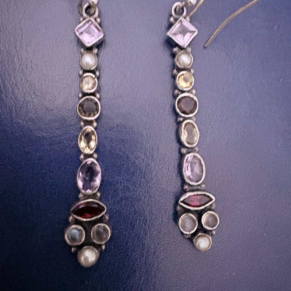 Sterling Silver Vintage Dangle Earrings with Genuine Gemstones 925 Stamped 1.5